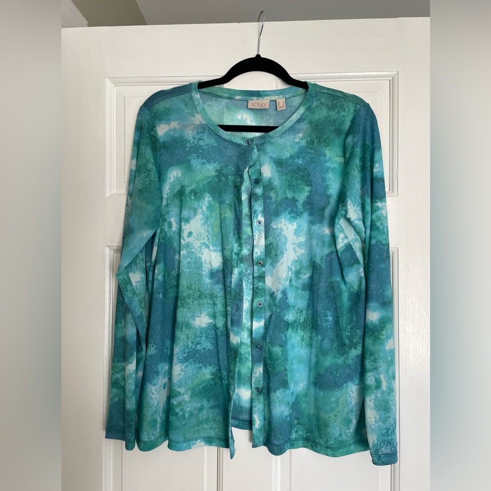 LOGO Layers by Lori Goldstein Tie-Dye Mesh Button Cardigan